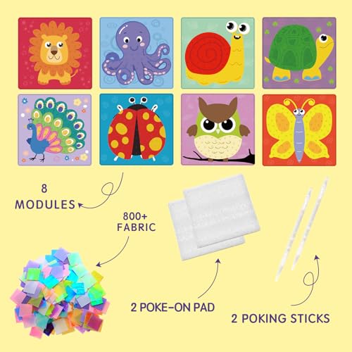 Yrinfay Poke Art Craft Kit - DIY 8 Animals (Lion, Owl, Peafowl, Ladybug) Mess-Free Sewing Art Toy for Kids Ages 6-12