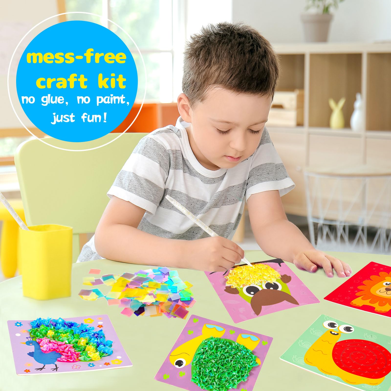 Yrinfay Poke Art Craft Kit - DIY 8 Animals (Lion, Owl, Peafowl, Ladybug) Mess-Free Sewing Art Toy for Kids Ages 6-12