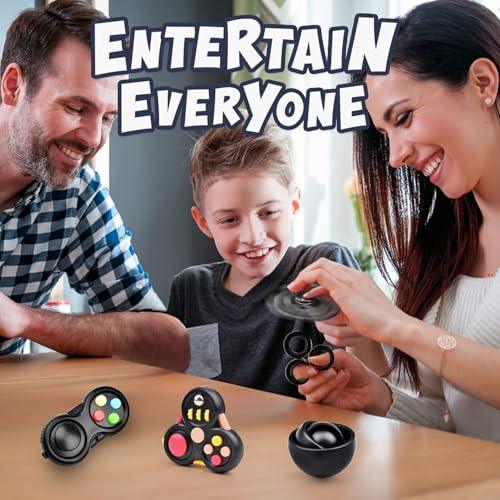 Yrissmiss 5-Piece Fidget Toy Set for ADHD and Anxiety Relief - Spinner, Gyro, Magnetic Rings, Controller, Pad (Black)