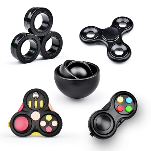 Yrissmiss 5-Piece Fidget Toy Set for ADHD and Anxiety Relief - Spinner, Gyro, Magnetic Rings, Controller, Pad (Black)