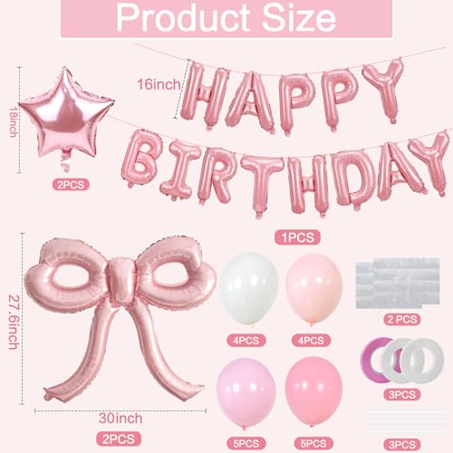 YTHETM Pink Bow Birthday Decorations Kit – 36-Inch Giant Bow Balloons, Happy Birthday Banner, and 36+ Party Balloons
