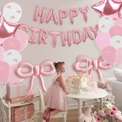 YTHETM Pink Bow Birthday Decorations Kit – 36-Inch Giant Bow Balloons, Happy Birthday Banner, and 36+ Party Balloons