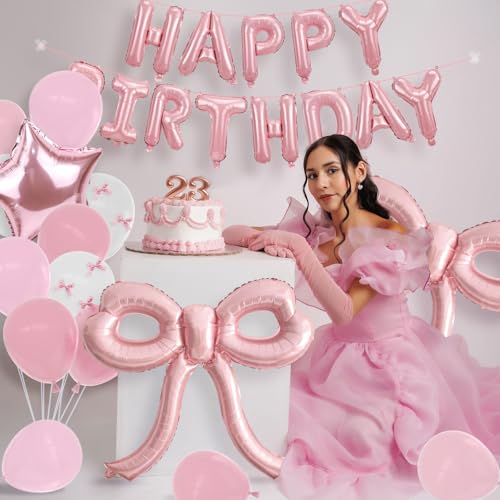 YTHETM Pink Bow Birthday Decorations Kit – 36-Inch Giant Bow Balloons, Happy Birthday Banner, and 36+ Party Balloons