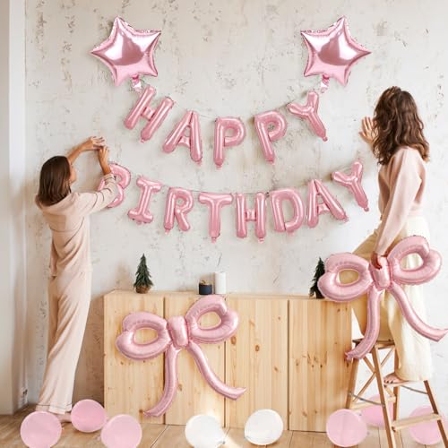 YTHETM Pink Bow Birthday Decorations Kit – 36-Inch Giant Bow Balloons, Happy Birthday Banner, and 36+ Party Balloons