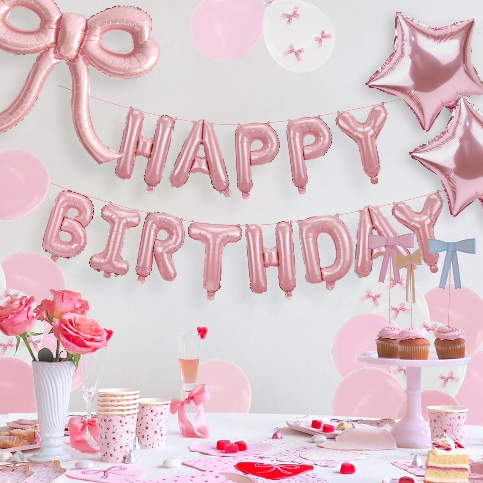 YTHETM Pink Bow Birthday Decorations Kit – 36-Inch Giant Bow Balloons, Happy Birthday Banner, and 36+ Party Balloons