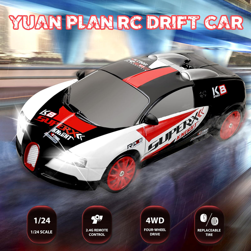 YUAN PLAN 1:24 RC Drift Car 4WD 15KM/H with Lights and Extra Tires - Black