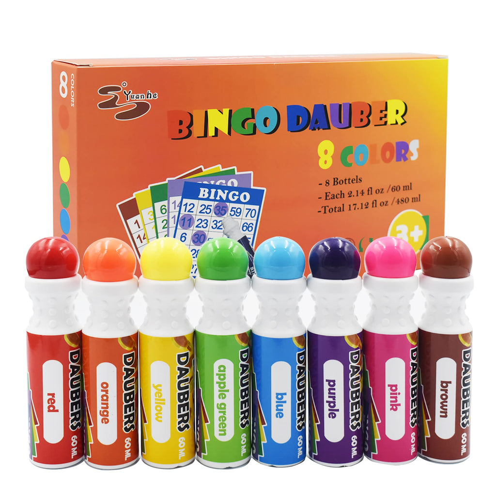 Yuanhe Bingo Daubers Dot Markers - 8 Pack Mixed Colors, Quick-Drying Non-Toxic Ink for Kids