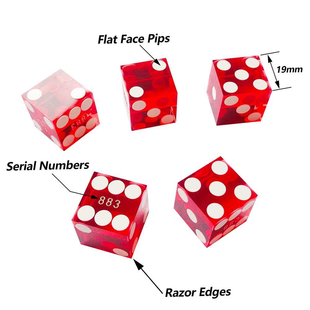 Yuanhe Set of 5 Grade AAA Precision 19mm Casino Dice - Red with Razor Edges, Serialized