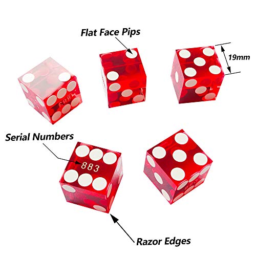 Yuanhe Set of 5 Grade AAA Precision 19mm Casino Dice - Red with Razor Edges, Serialized