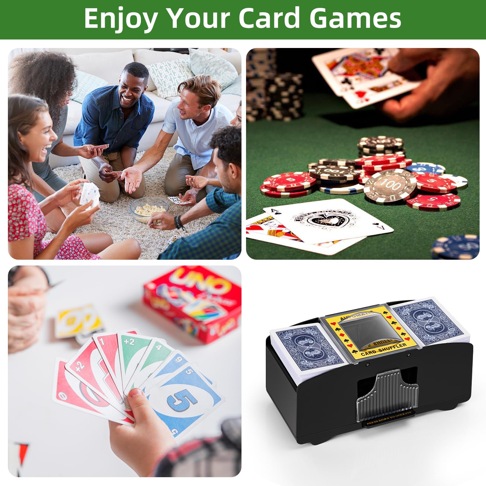 YUCEEN Automatic Card Shuffler – Battery-Powered Electric Shuffler for 1-2 Decks, Works with Poker, UNO, Blackjack, and More