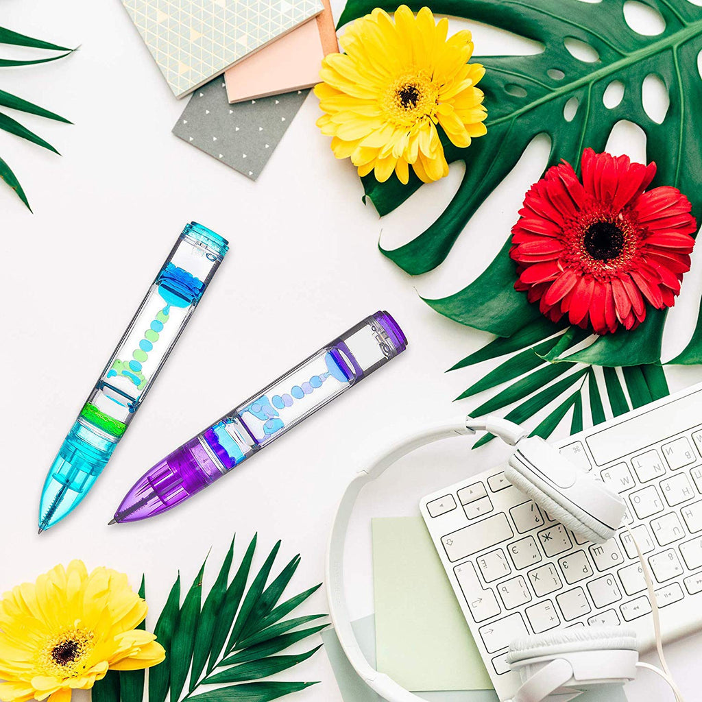 YUE MOTION Liquid Motion Timer Pen 2 Pack - Blue and Purple Fidget Pen Set for Desk Toys and Stress Relief