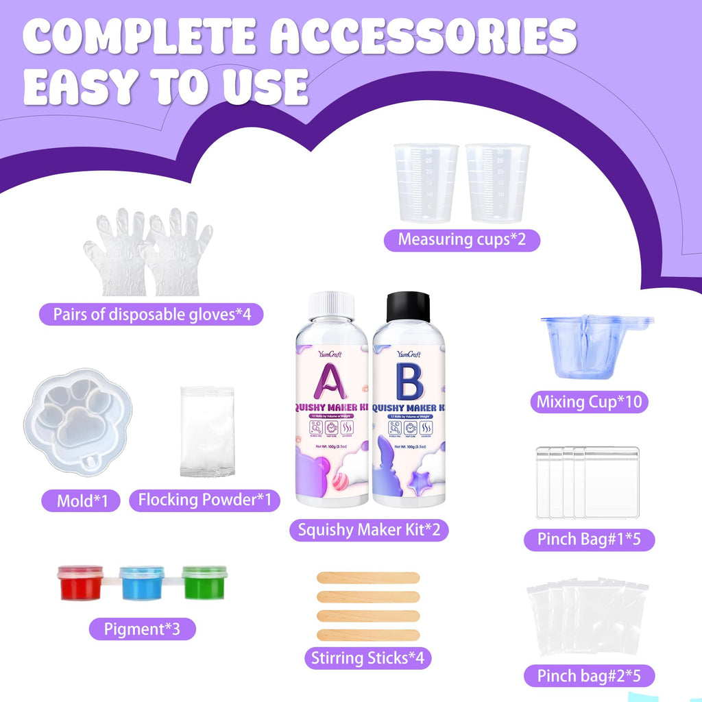 YumCraft Liquid Silicone Squishy Kit – 7oz 1:1 AB Ratio, Cat Paw Mold, Flocking Powder, Stress Relief DIY Craft