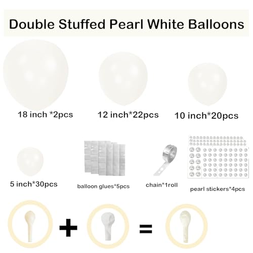 Yumiche Pearl White Double Stuffed Balloon Arch Kit – 74 Balloons with Pearl Stickers for Weddings, Bridal Showers & Birthday Parties