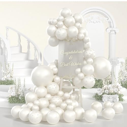 Yumiche Pearl White Double Stuffed Balloon Arch Kit – 74 Balloons with Pearl Stickers for Weddings, Bridal Showers & Birthday Parties
