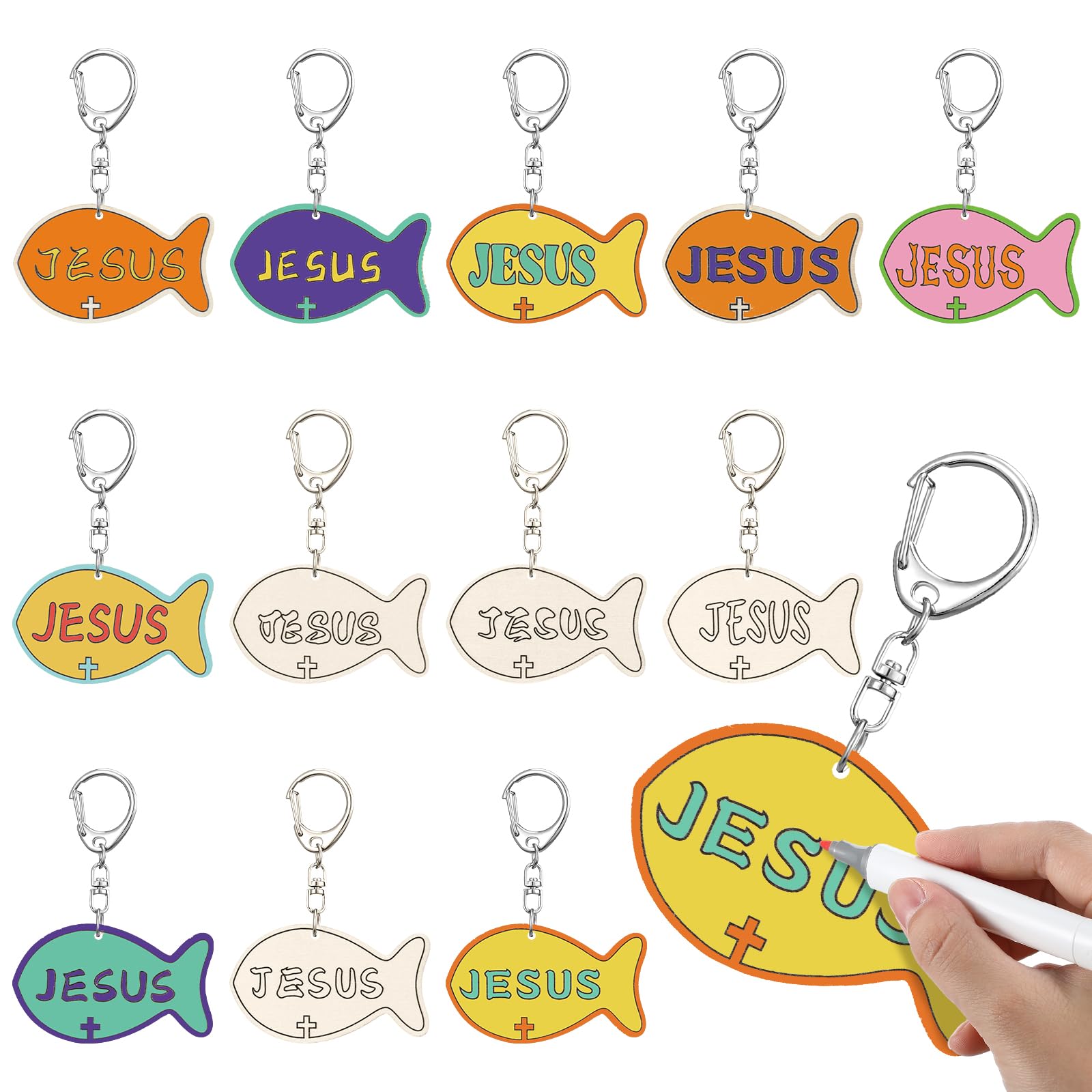 Yuntau 24 Pcs DIY Jesus Fish Keychain Craft Kit - Wooden Religious Sunday School Activity