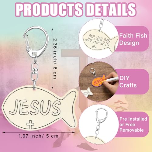 Yuntau 24 Pcs DIY Jesus Fish Keychain Craft Kit - Wooden Religious Sunday School Activity