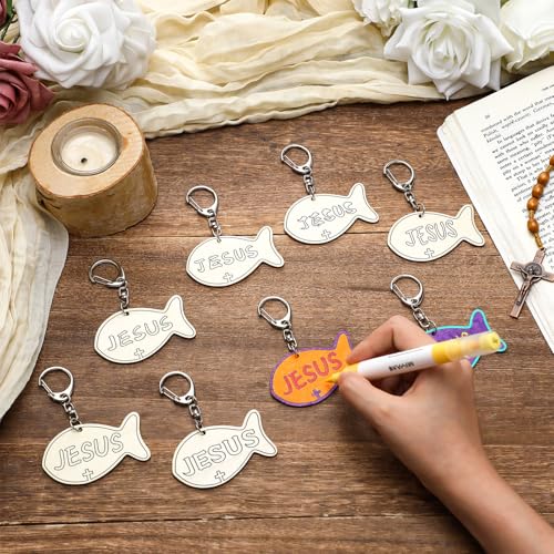 Yuntau 24 Pcs DIY Jesus Fish Keychain Craft Kit - Wooden Religious Sunday School Activity