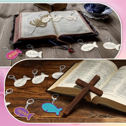 Yuntau 24 Pcs DIY Jesus Fish Keychain Craft Kit - Wooden Religious Sunday School Activity