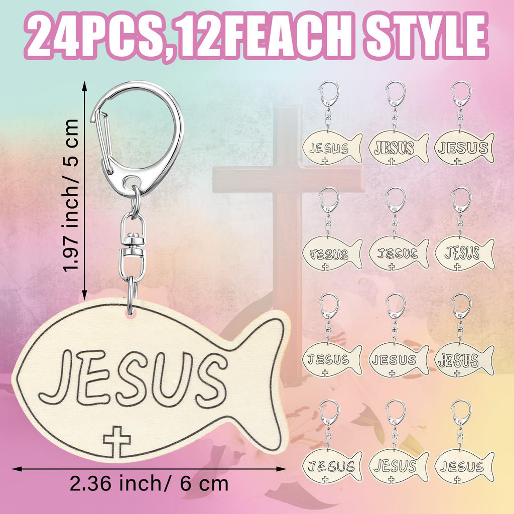 Yuntau 24 Pcs DIY Jesus Fish Keychain Craft Kit - Wooden Religious Sunday School Activity