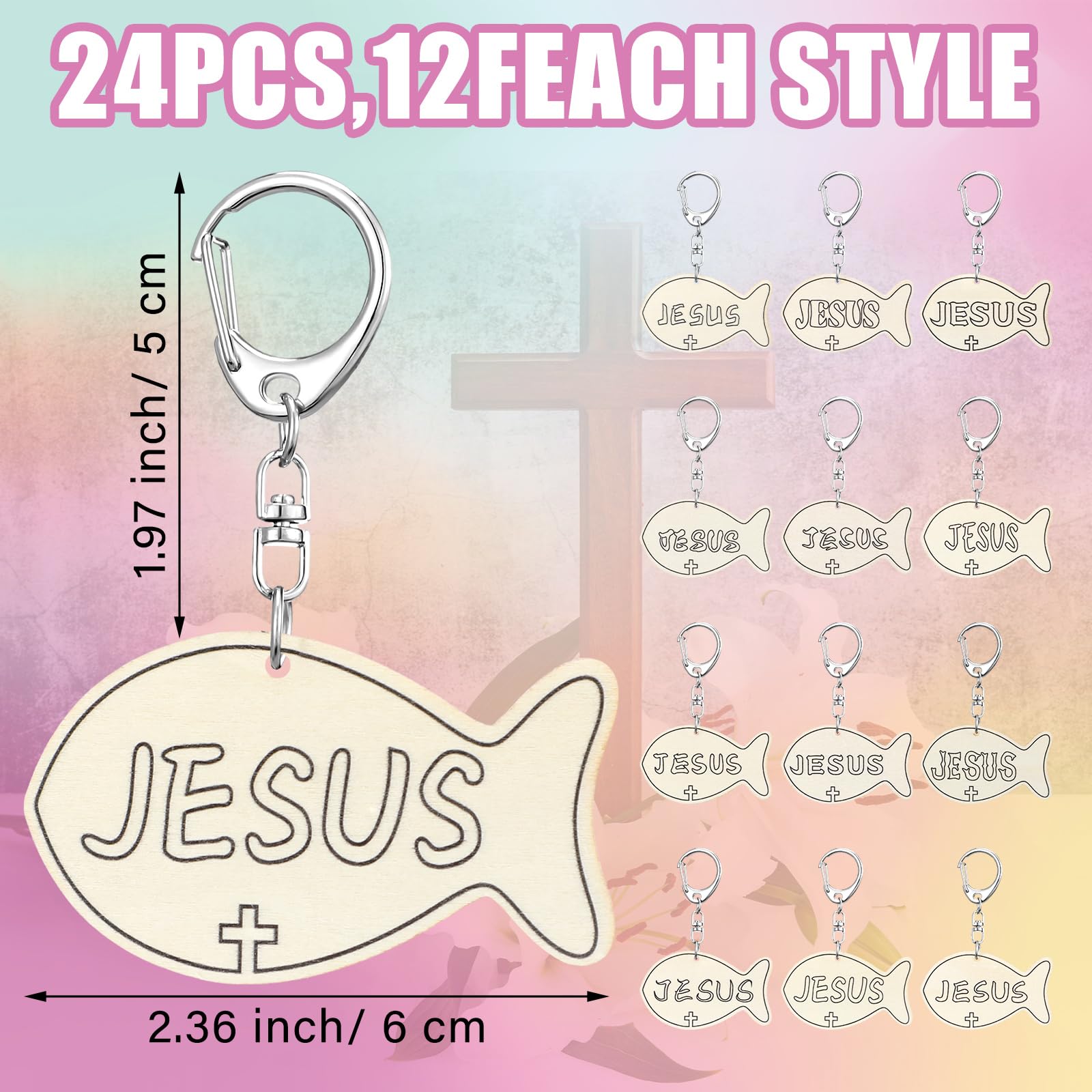 Yuntau 24 Pcs DIY Jesus Fish Keychain Craft Kit - Wooden Religious Sunday School Activity