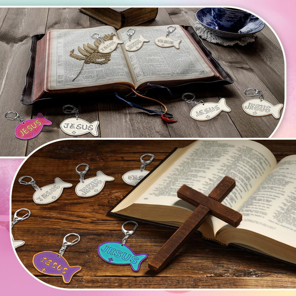 Yuntau 24 Pcs DIY Jesus Fish Keychain Craft Kit - Wooden Religious Sunday School Activity
