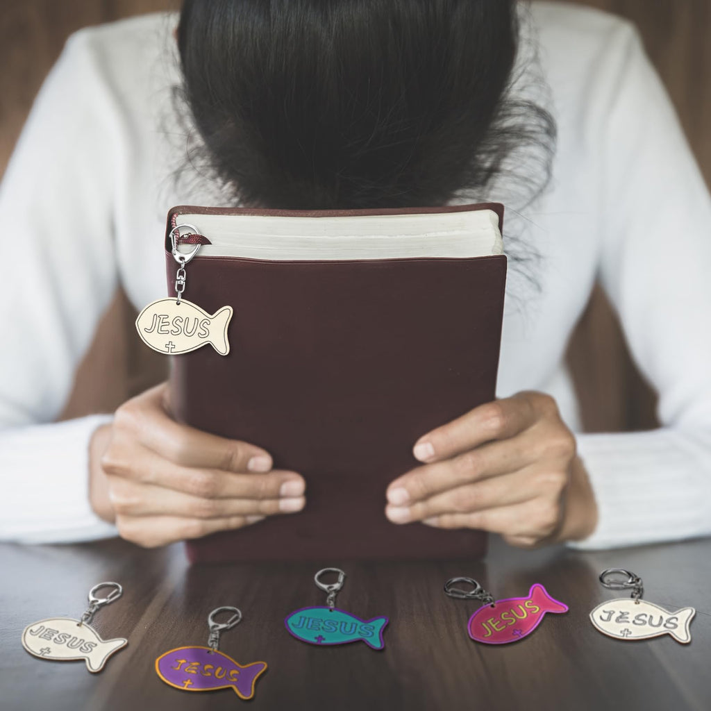 Yuntau 24 Pcs DIY Jesus Fish Keychain Craft Kit - Wooden Religious Sunday School Activity