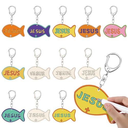 Yuntau 24 Pcs DIY Jesus Fish Keychain Craft Kit - Wooden Religious Sunday School Activity