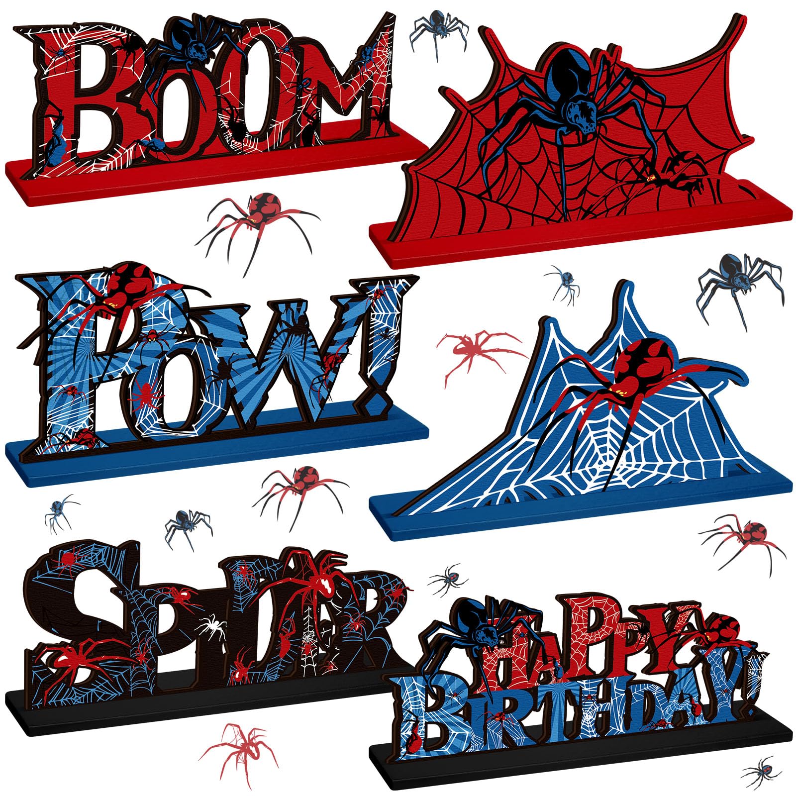 Yuntau 6-Piece Spider Birthday Party Wooden Table Decorations – Red, Blue & White Cartoon Centerpieces with Stands