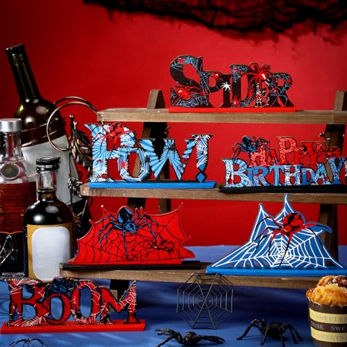 Yuntau 6-Piece Spider Birthday Party Wooden Table Decorations – Red, Blue & White Cartoon Centerpieces with Stands
