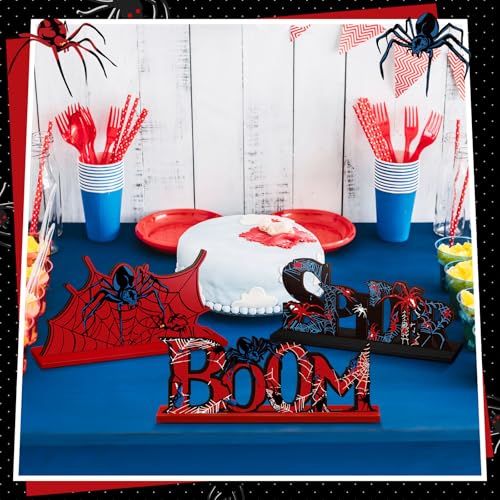 Yuntau 6-Piece Spider Birthday Party Wooden Table Decorations – Red, Blue & White Cartoon Centerpieces with Stands