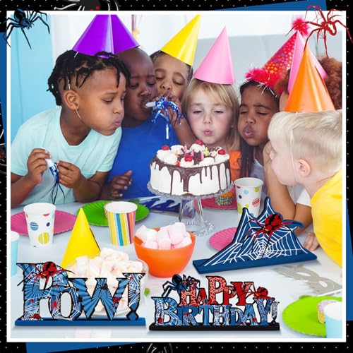 Yuntau 6-Piece Spider Birthday Party Wooden Table Decorations – Red, Blue & White Cartoon Centerpieces with Stands