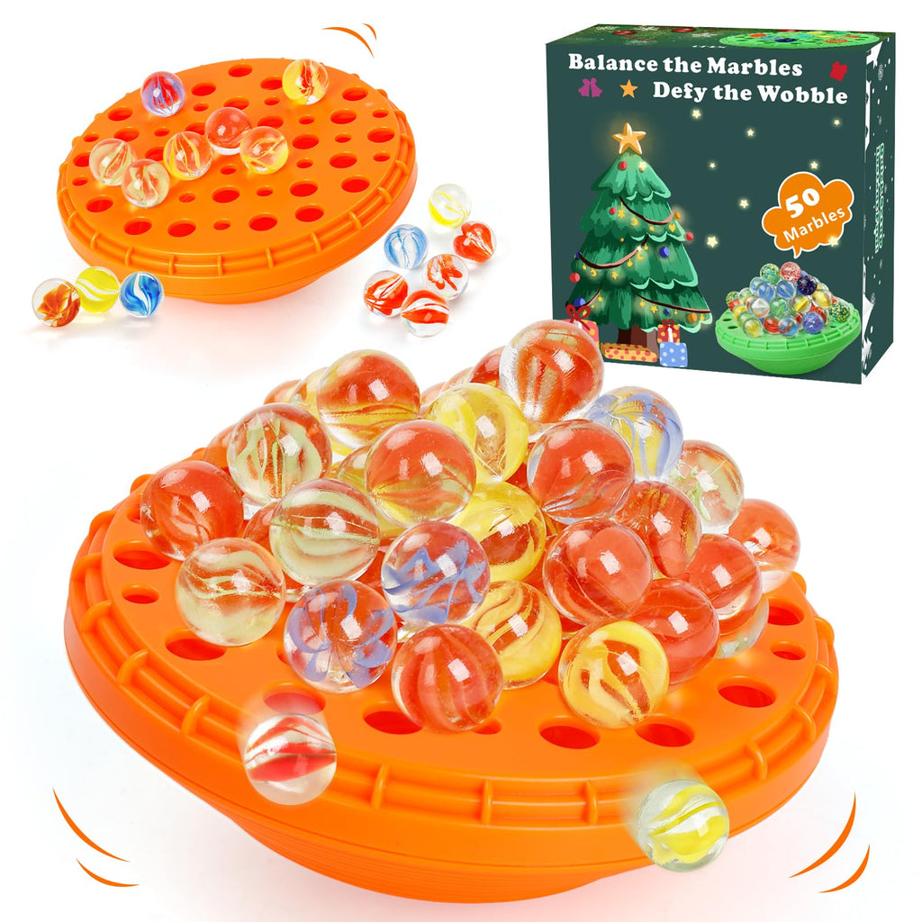 YUOIOYU Marble Balance Game - 50 Glass Marbles with Storage, Family Game for 1-4 Players, Pumpkin Orange