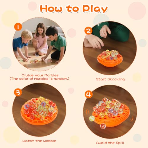 YUOIOYU Marble Balance Game - 50 Glass Marbles with Storage, Family Game for 1-4 Players, Pumpkin Orange