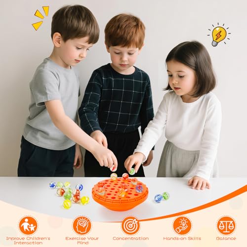 YUOIOYU Marble Balance Game - 50 Glass Marbles with Storage, Family Game for 1-4 Players, Pumpkin Orange