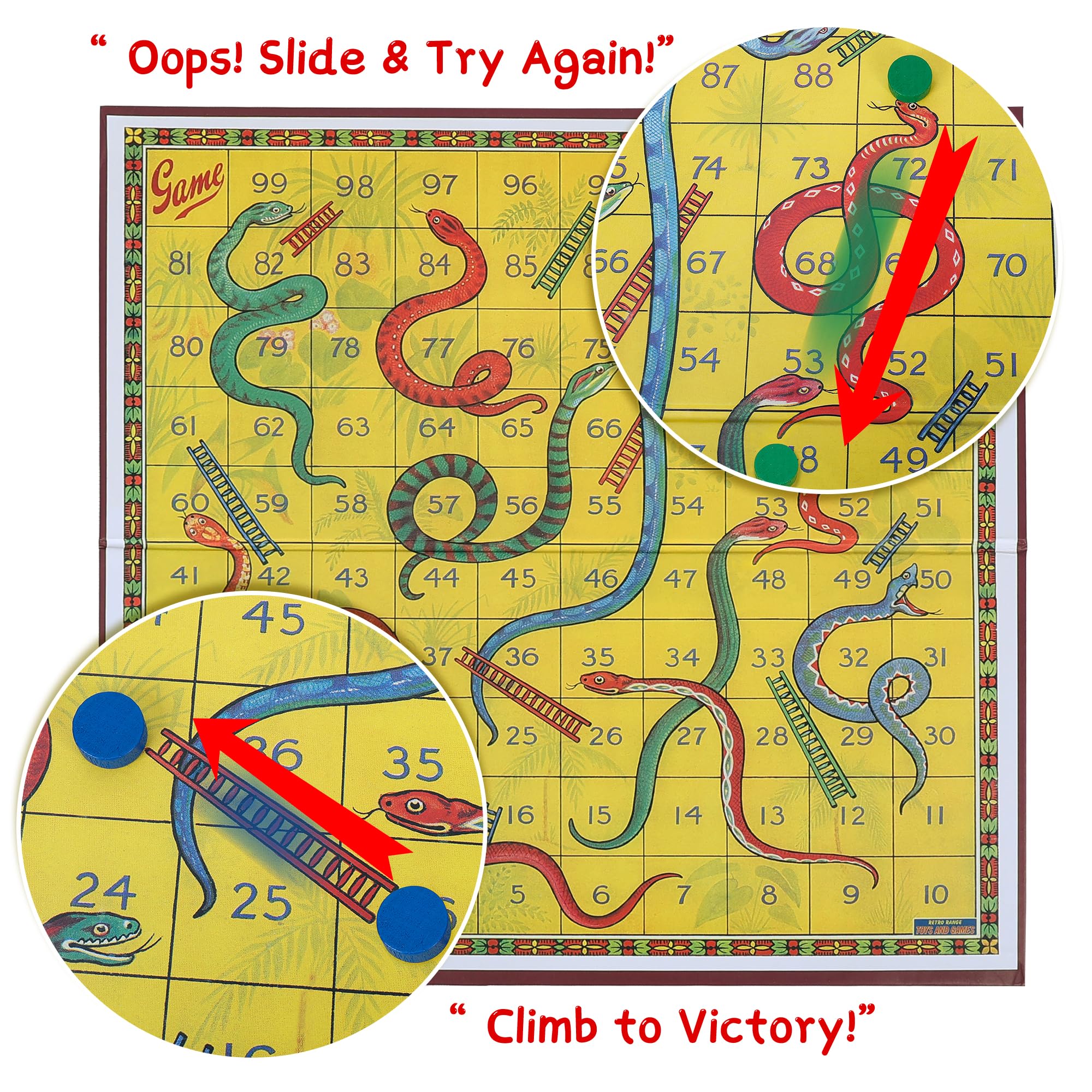 YUROZAC Classic Snakes and Ladders Foldable Board Game – Retro Family Fun for Kids Ages 3+ (2-4 Players, Includes Dice & Pawns)