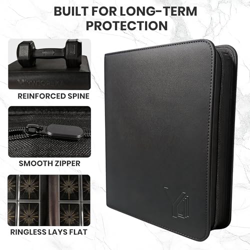 YWJOREKA 4-Pocket Toploader Binder – Holds 128 Cards, Black PU Leather Album for Sports & Trading Cards
