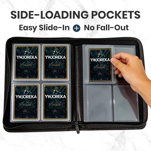 YWJOREKA 4-Pocket Toploader Binder – Holds 128 Cards, Black PU Leather Album for Sports & Trading Cards