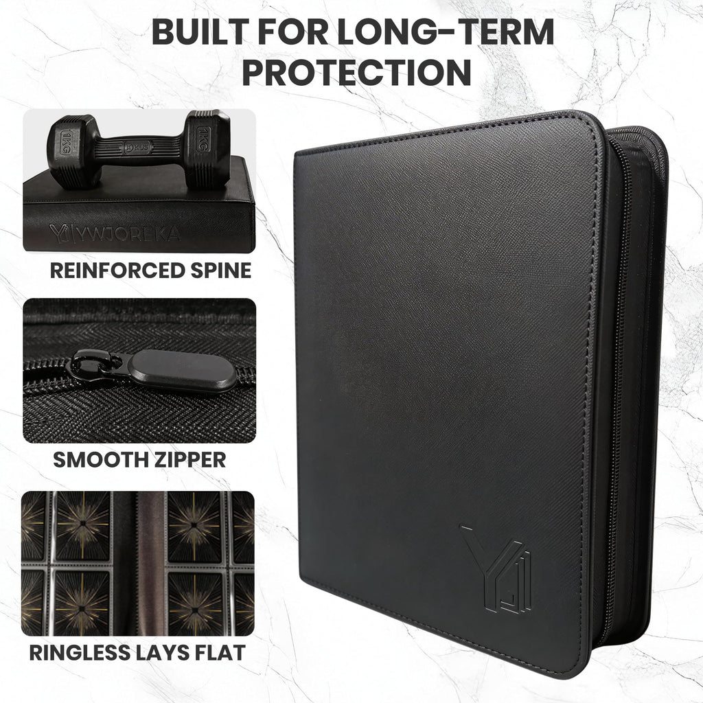 YWJOREKA 4-Pocket Toploader Binder – Holds 128 Cards, Black PU Leather Album for Sports & Trading Cards