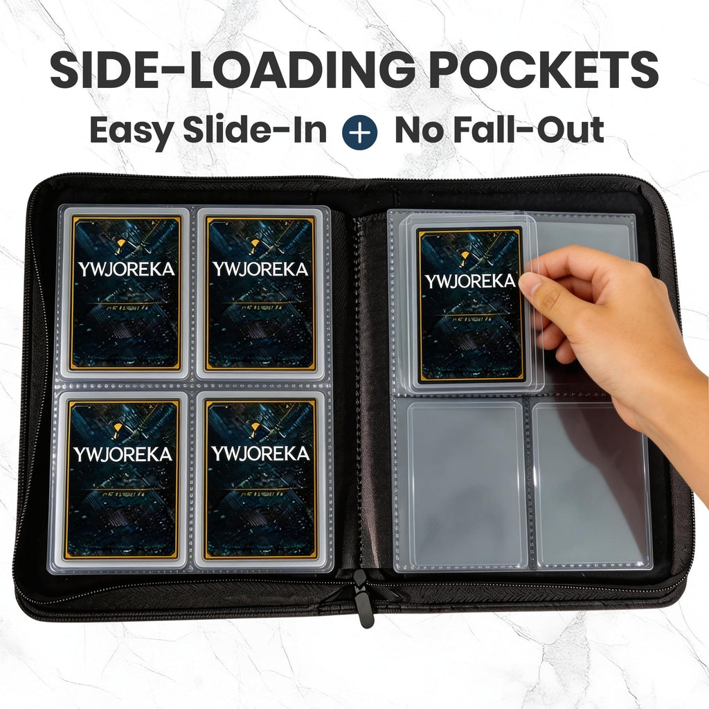 YWJOREKA 4-Pocket Toploader Binder – Holds 128 Cards, Black PU Leather Album for Sports & Trading Cards