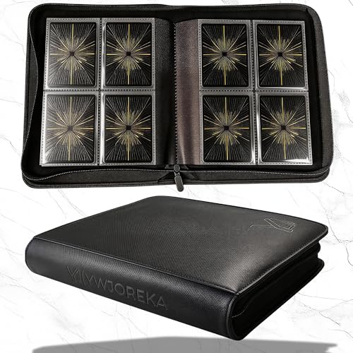 YWJOREKA 4-Pocket Toploader Binder – Holds 128 Cards, Black PU Leather Album for Sports & Trading Cards