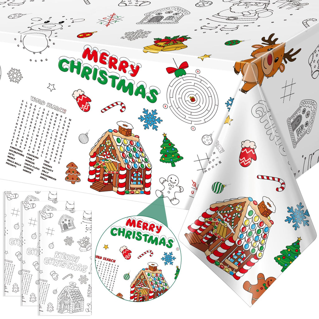 Zachely 3-Pack Christmas Coloring Tablecloth for Kids - 54x108 Inch Disposable Paper Table Cover with Santa and Merry Christmas Designs