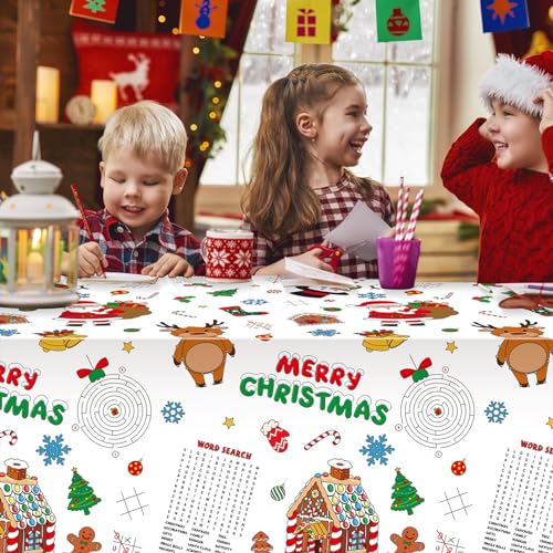 Zachely 3-Pack Christmas Coloring Tablecloth for Kids - 54x108 Inch Disposable Paper Table Cover with Santa and Merry Christmas Designs