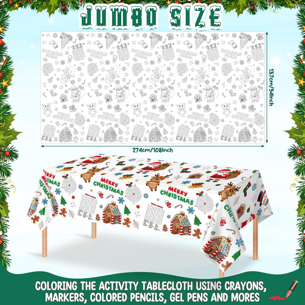 Zachely 3-Pack Christmas Coloring Tablecloth for Kids - 54x108 Inch Disposable Paper Table Cover with Santa and Merry Christmas Designs