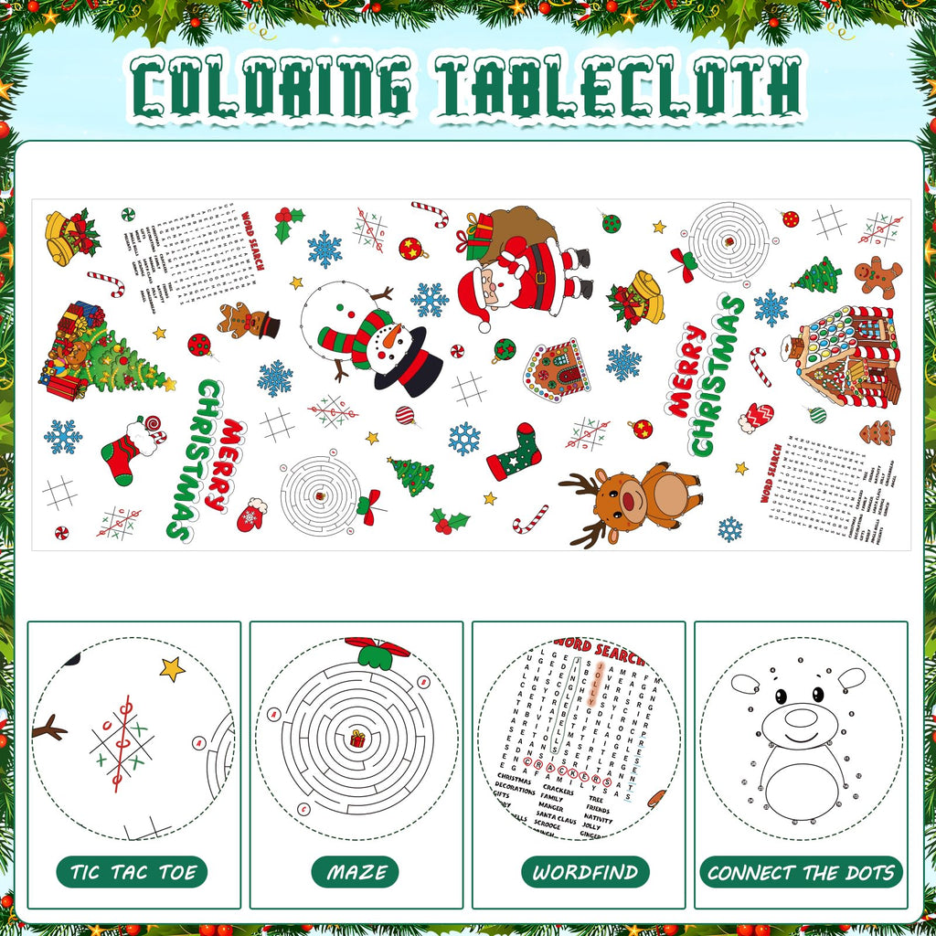 Zachely 3-Pack Christmas Coloring Tablecloth for Kids - 54x108 Inch Disposable Paper Table Cover with Santa and Merry Christmas Designs