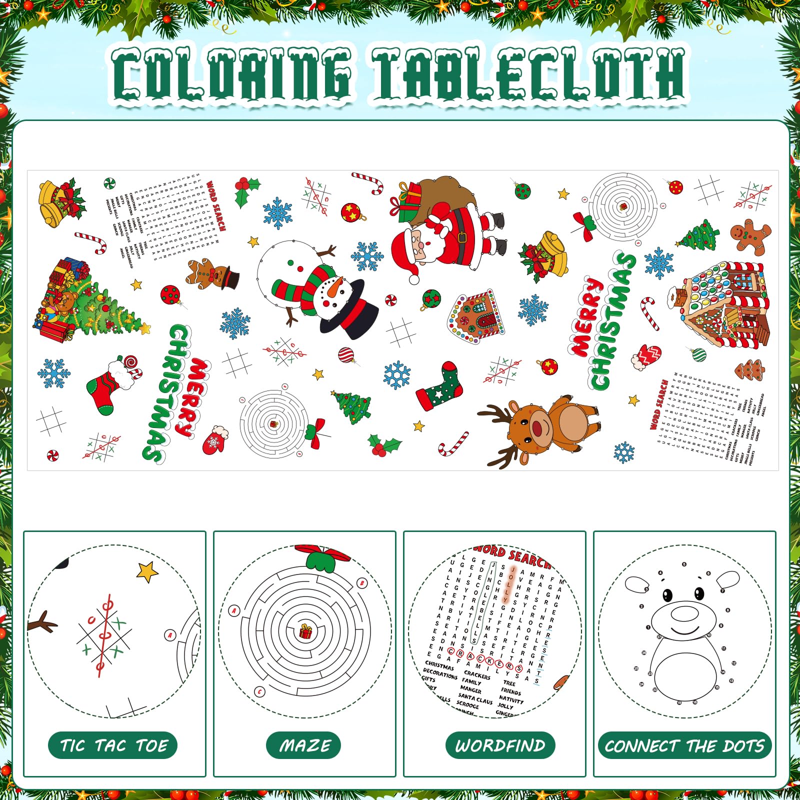 Zachely 3-Pack Christmas Coloring Tablecloth for Kids - 54x108 Inch Disposable Paper Table Cover with Santa and Merry Christmas Designs