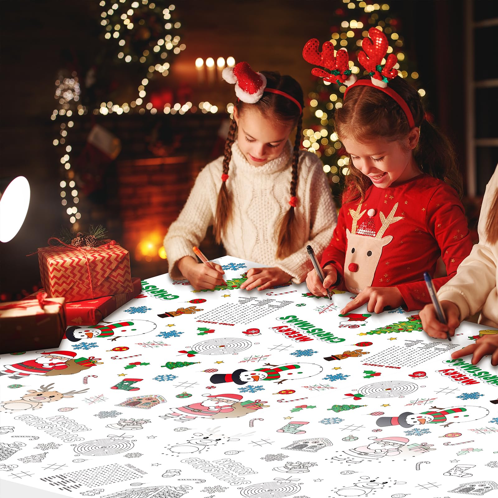 Zachely 3-Pack Christmas Coloring Tablecloth for Kids - 54x108 Inch Disposable Paper Table Cover with Santa and Merry Christmas Designs
