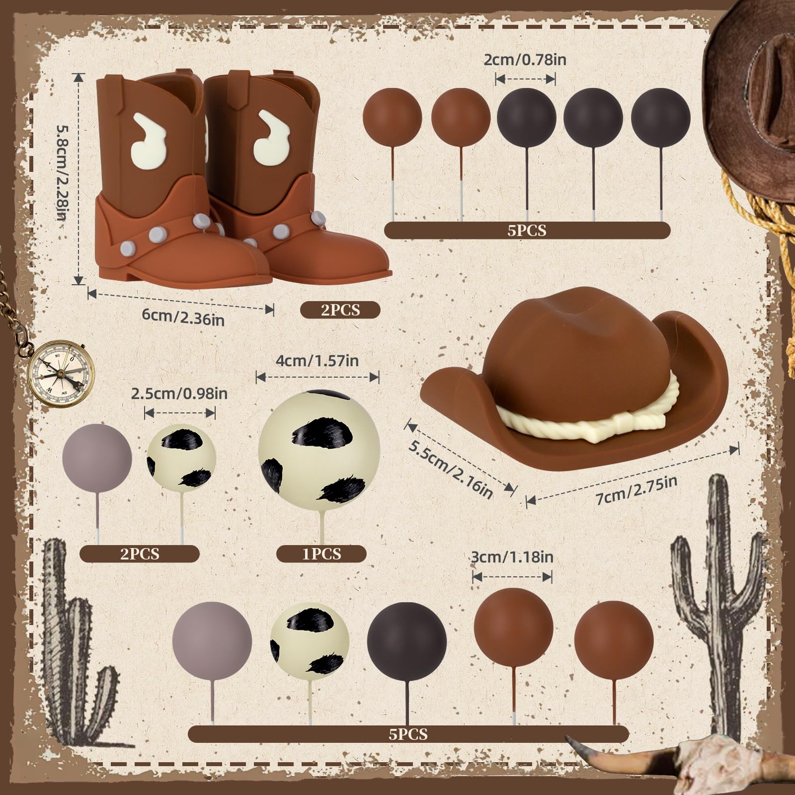 Zafena 16-Piece Cowboy Cake Topper Set – Hat, Boots & Ball Decorations for Western Parties