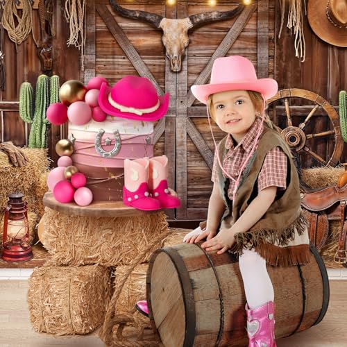 Zafena 16-Piece Cowgirl Cake Topper Set - Pink Western Hat, Boots & Decor Balls for Birthday or Baby Shower
