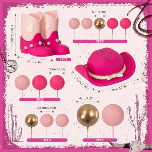 Zafena 16-Piece Cowgirl Cake Topper Set - Pink Western Hat, Boots & Decor Balls for Birthday or Baby Shower