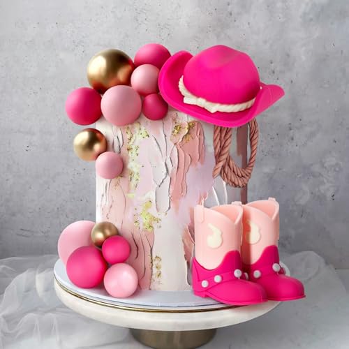 Zafena 16-Piece Cowgirl Cake Topper Set - Pink Western Hat, Boots & Decor Balls for Birthday or Baby Shower